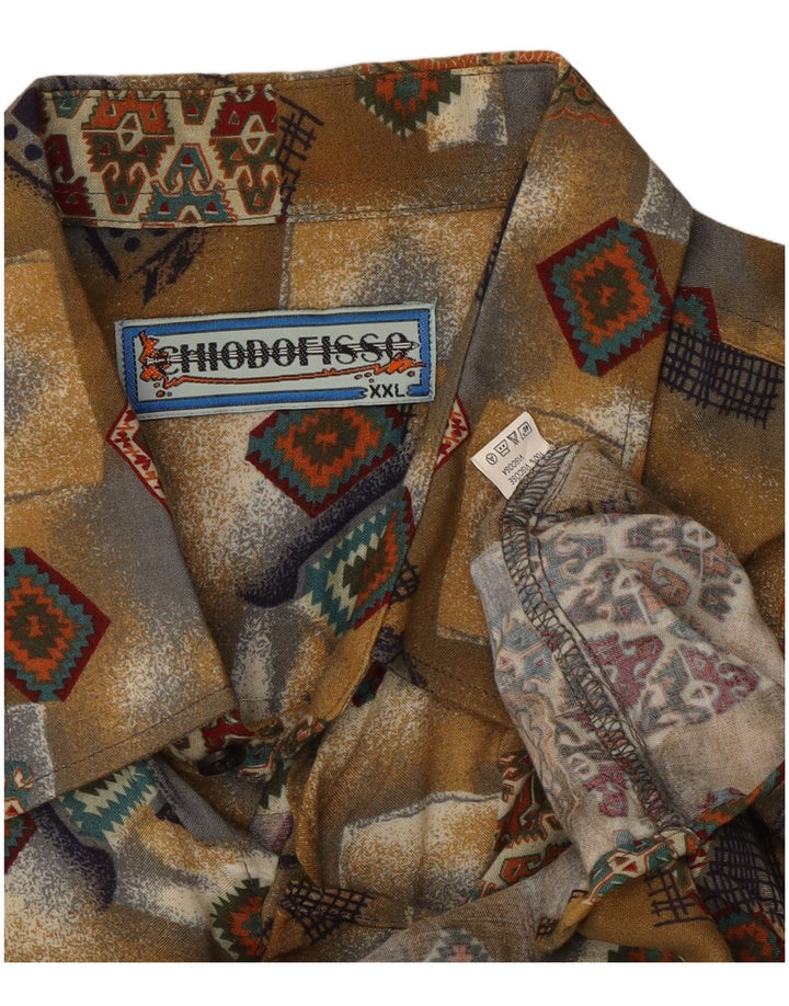 Vintage Mens Short Sleeve Shirt 2XL Khaki Patchwork Viscose