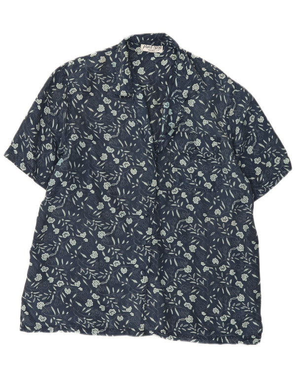 Vintage Womens Short Sleeve Shirt Blouse UK 14 Medium Navy Blue Floral Silk