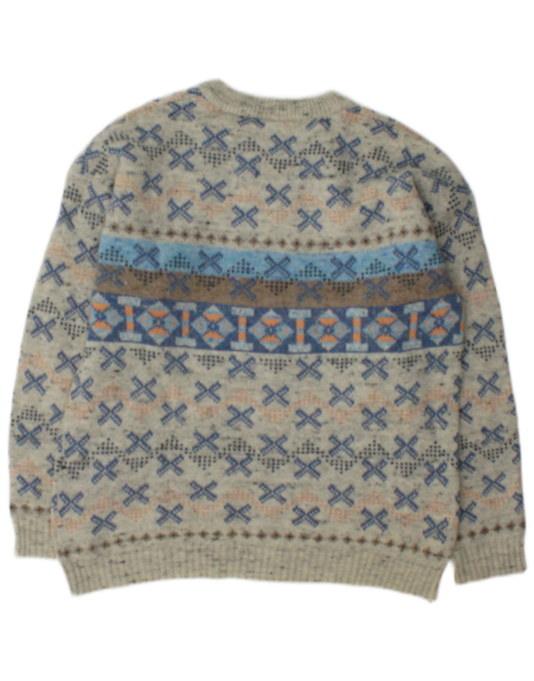Maglione vintage da uomo con scollo a barca in lana geometrica grigio medio