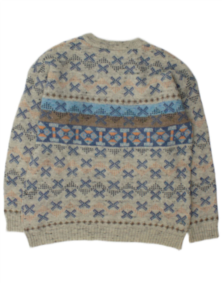 Maglione vintage da uomo con scollo a barca in lana geometrica grigio medio