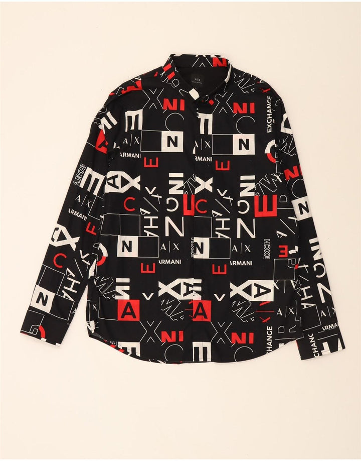 ARMANI EXCHANGE Herre abstrakt mønster grafisk skjorte XL sort bomuld