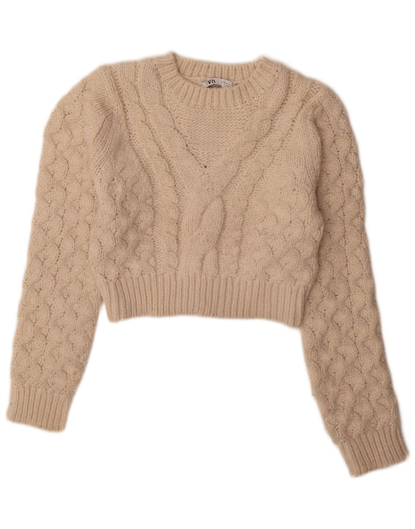 Zara Womens Crop Boat Neck Jumper Sweater UK 14 Medium Beige