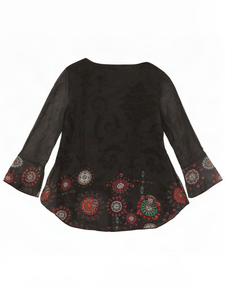 Desigual Donna Manica Lunga Tunica Top UK 12 Medio Nero Paisley Poliestere