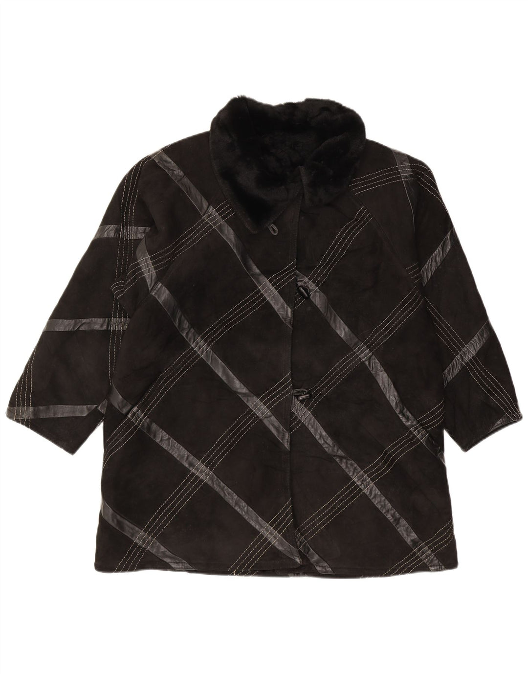 LAMATTA Womens Shearling Jacket IT 46 Large Black Plaid