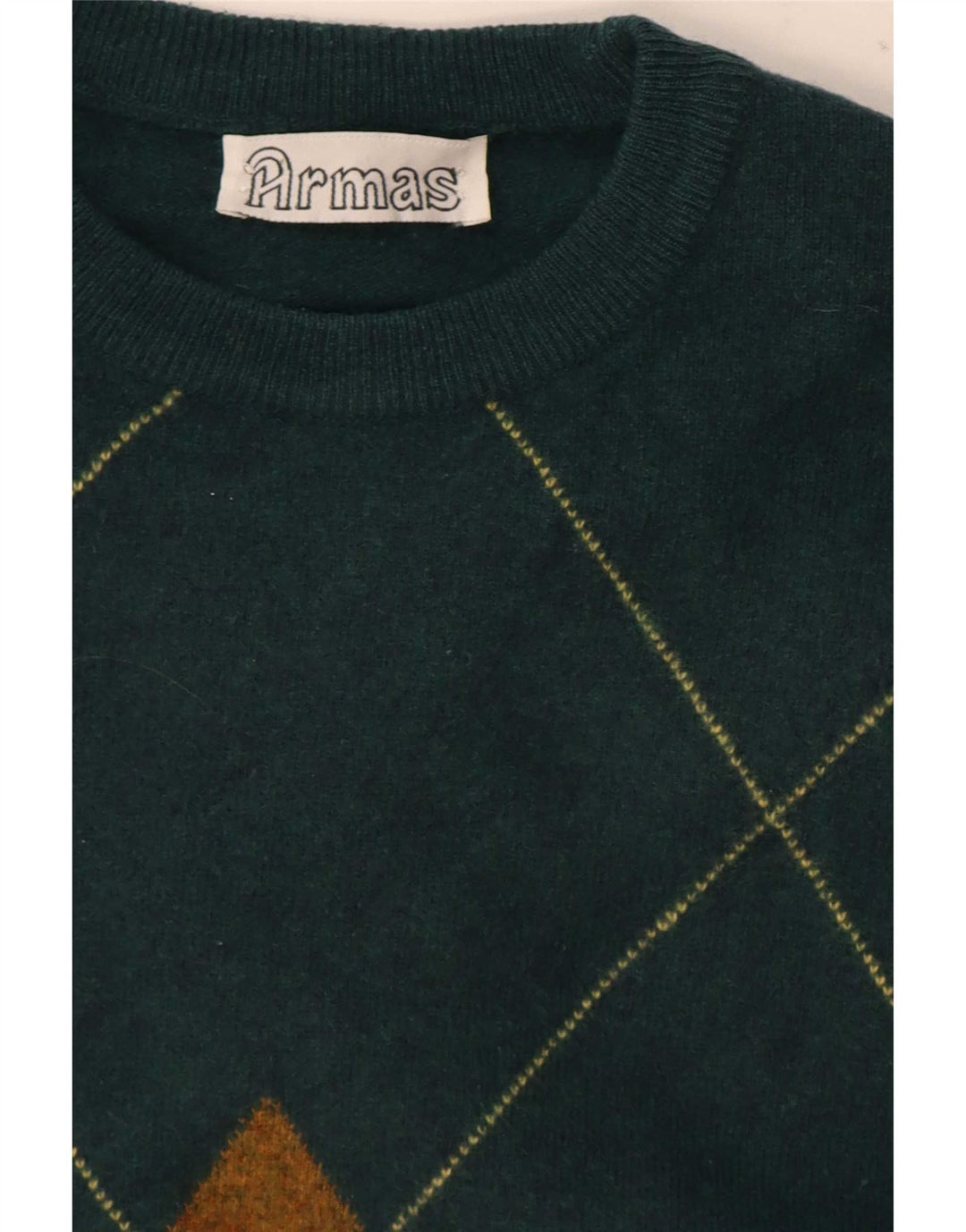 Vintage Mens Crew Neck Jumper Sweater Medium Green Argyle/Diamond