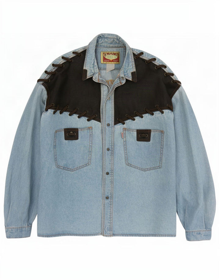 Camicia di jeans vintage da uomo grande color block blu