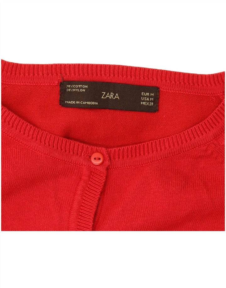 Zara Dame Cardigan Sweater UK 12 Medium Rød Bomuld