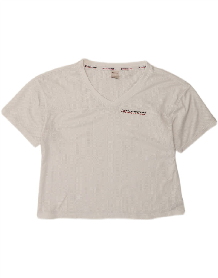TOMMY HILFIGER Womens Crop T-Shirt Top UK 14 Medium White Polyester Vintage Tommy Hilfiger and Second-Hand Tommy Hilfiger from Messina Hembry 