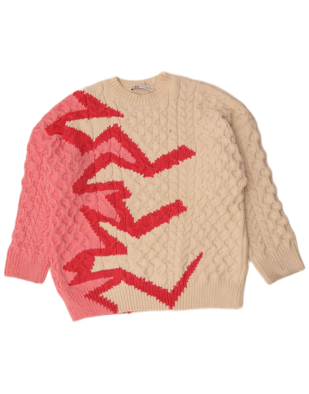 Zara - Jersey de cuello redondo para mujer, talla 40, poliéster blanco roto medio