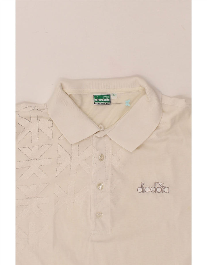 DIADORA Mens Abstract Pattern Graphic Polo Shirt Large White Cotton Vintage Diadora and Second-Hand Diadora from Messina Hembry 