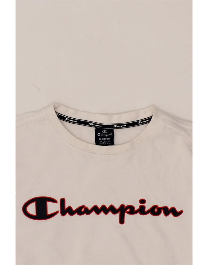 CHAMPION Mens Graphic Sweatshirt Jumper Medium White Cotton Vintage Champion and Second-Hand Champion from Messina Hembry 