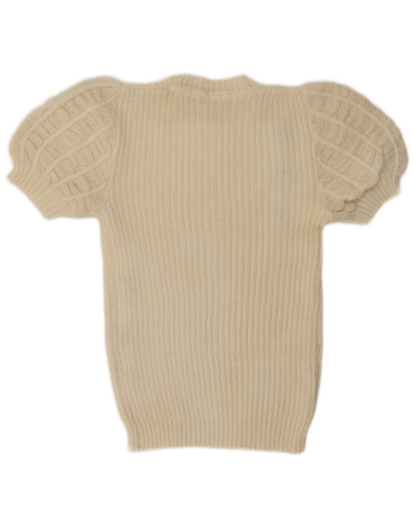 Maglione maglione girocollo a maniche corte da donna vintage UK 6 XS Beige floreale
