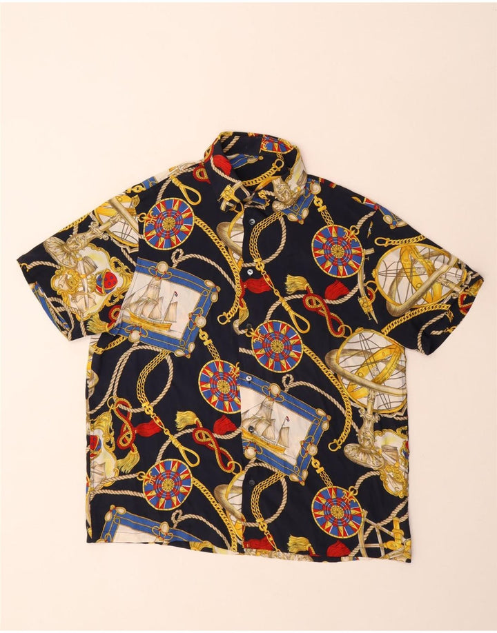 Camicia a maniche corte vintage da uomo con motivo astratto blu navy medio