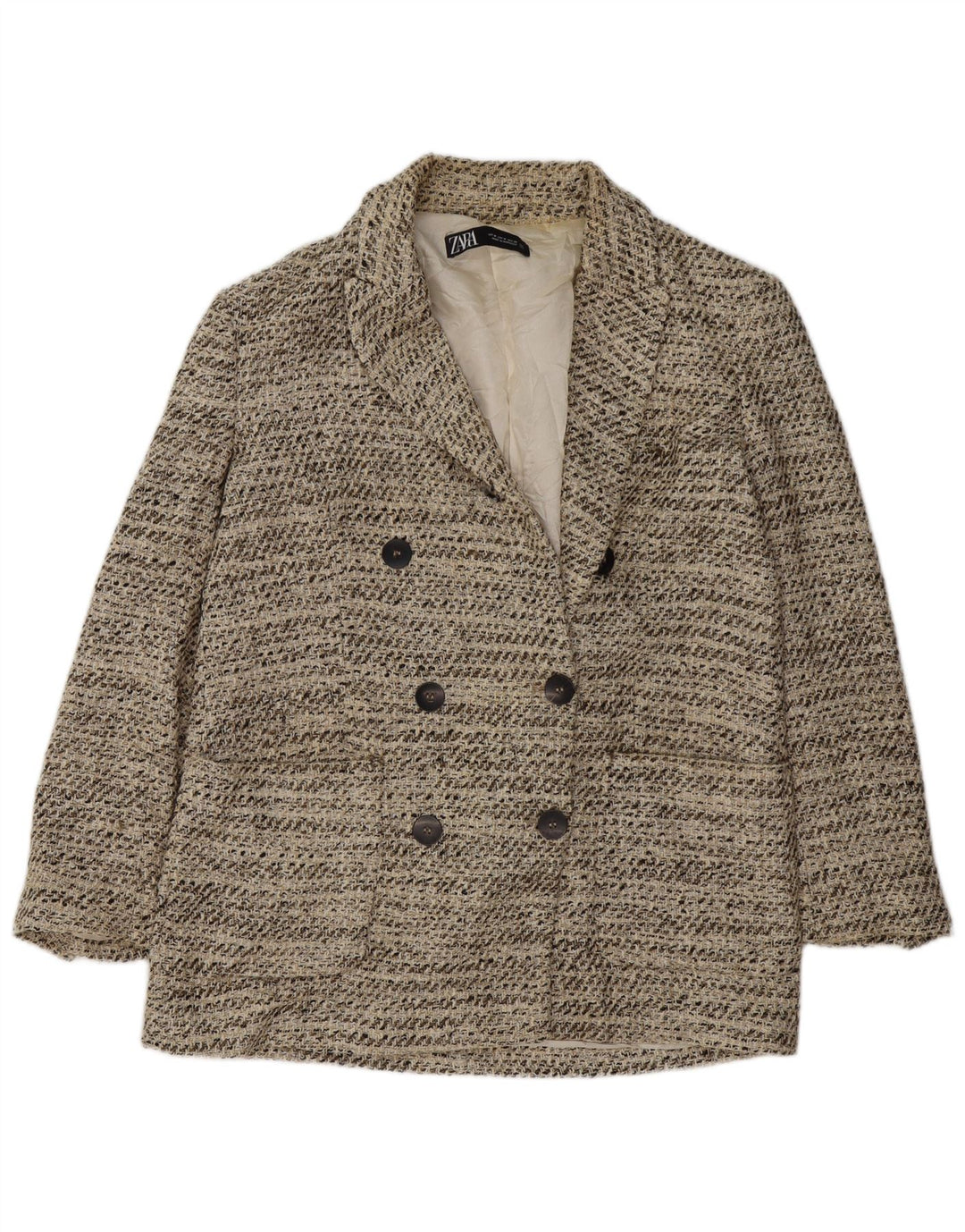 Zara Womens Double Breasted Blazer Jacket UK 14 Medium Beige Flecked Cotton