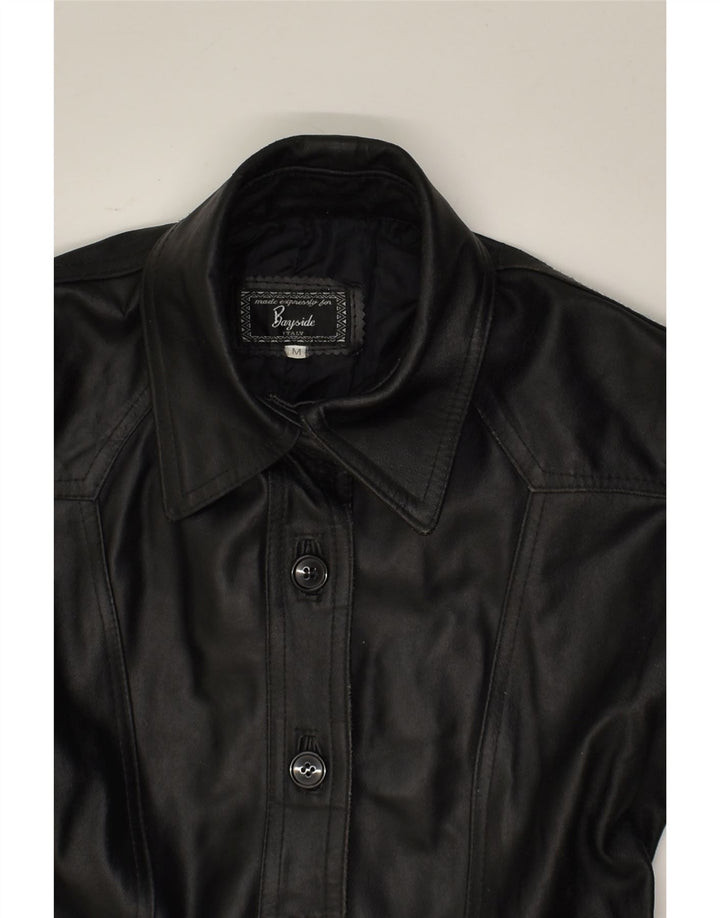 BAYSIDE Womens Leather Coat UK 14 Medium Black Leather | Vintage Bayside | Thrift | Second-Hand Bayside | Used Clothing | Messina Hembry 