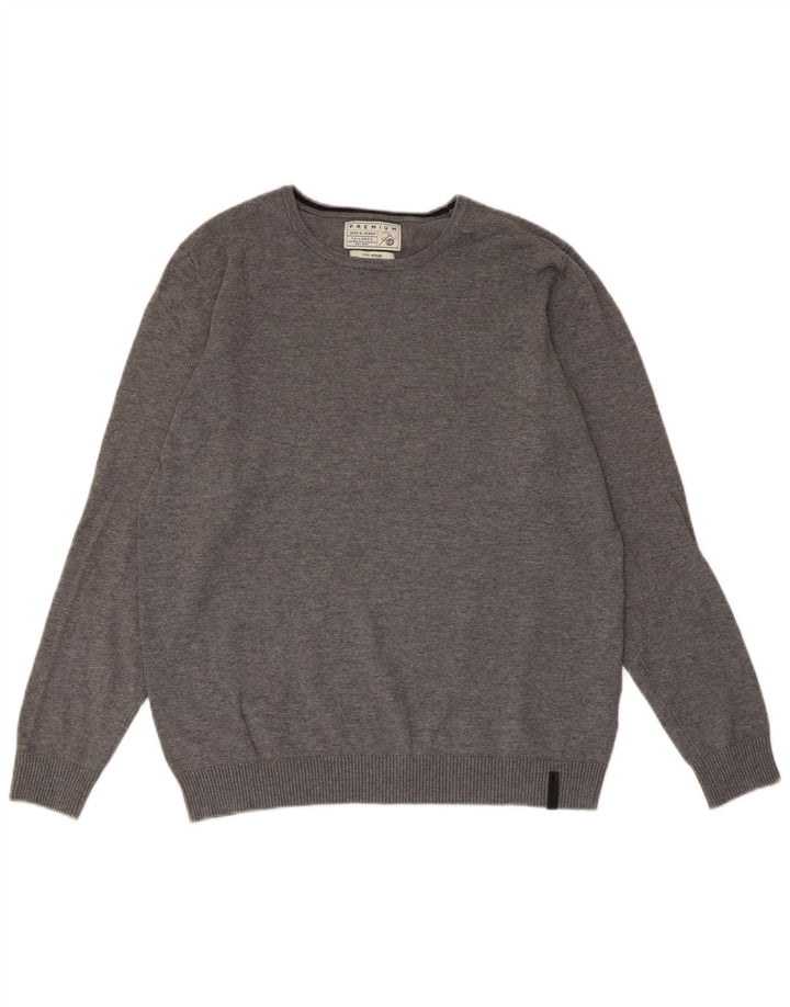 JACK & JONES Mens Tailored Crew Neck Jumper Sweater Medium Grey Cotton