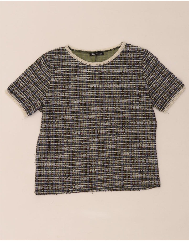 Zara Womens Crop T-Shirt Top UK 12 Medium Multicoloured Check Polyester