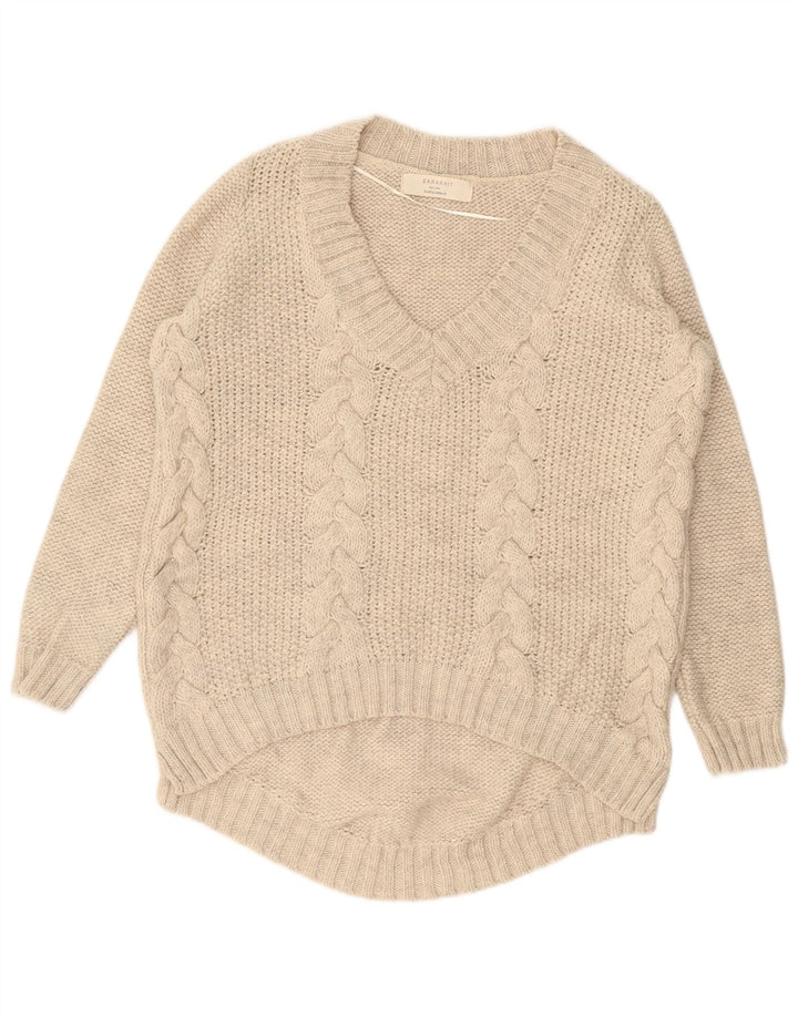 ZARA Womens Oversized V-Neck Jumper Sweater UK 14 Medium Beige
