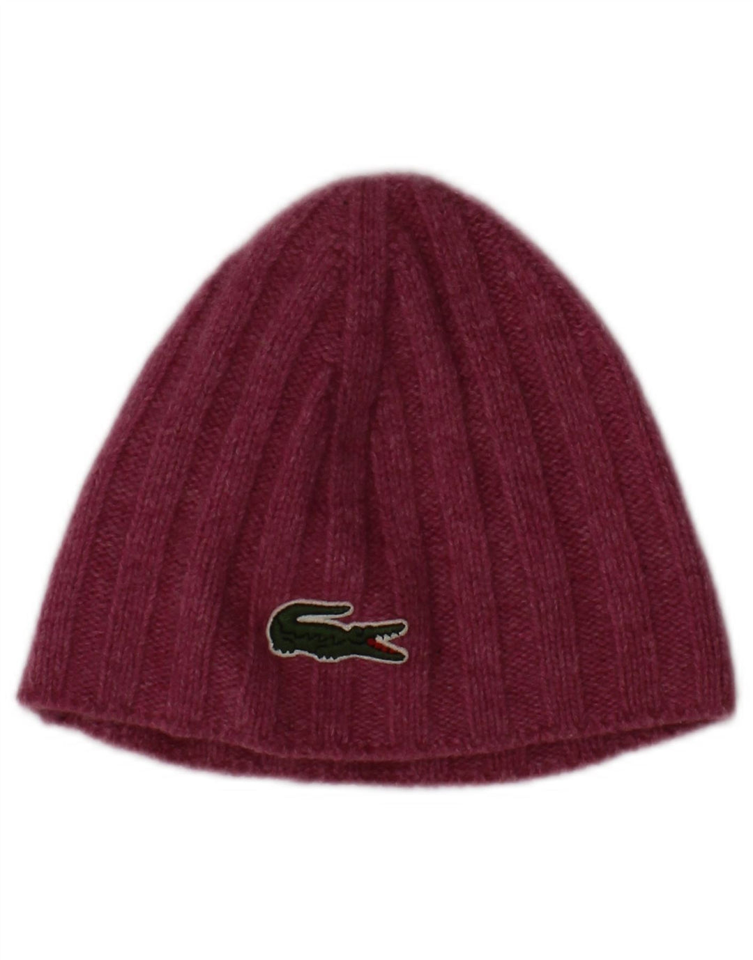 LACOSTE Womens Graphic Knit Beanie Hat Small Maroon Lambswool Classic