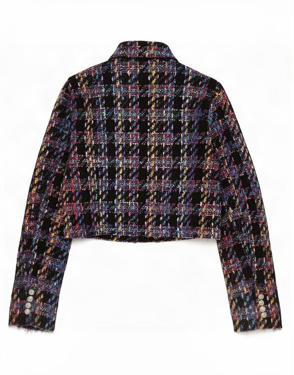 Zara Womens Crop Double Breasted Blazer Jacket UK 14 Grand Plaid Noir