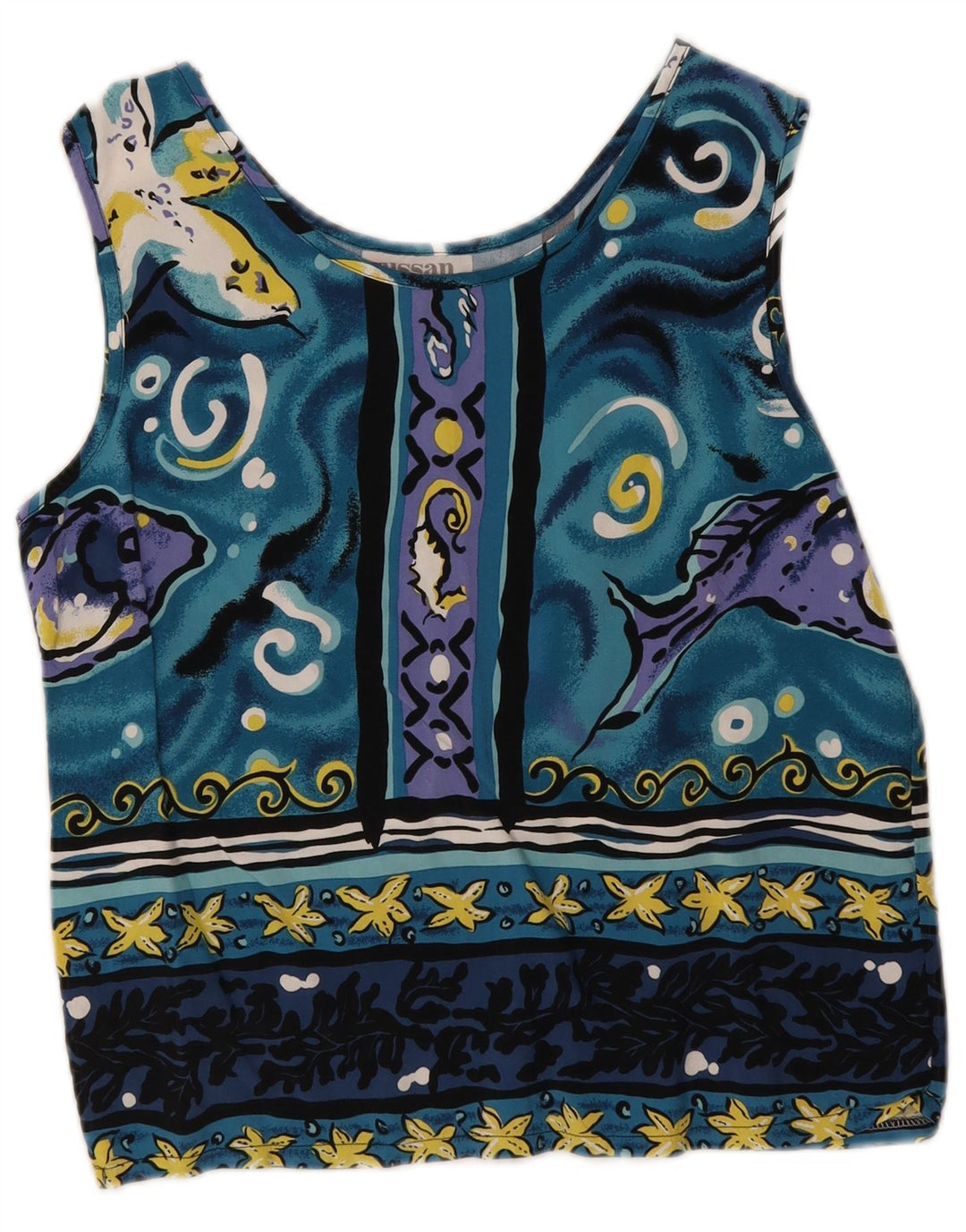 Vintage Damen Crop Abstraktes Muster Bluse Top UK 12 Mittelblau