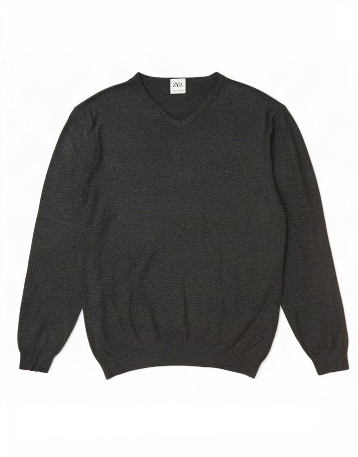 Zara Herren-Pullover mit V-Ausschnitt, 2XL, graue Viskose