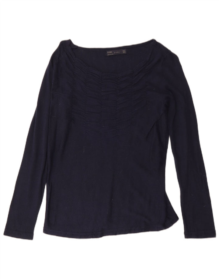 Zara Womens Top Long Sleeve UK 12 Medium Navy Blue Cotton