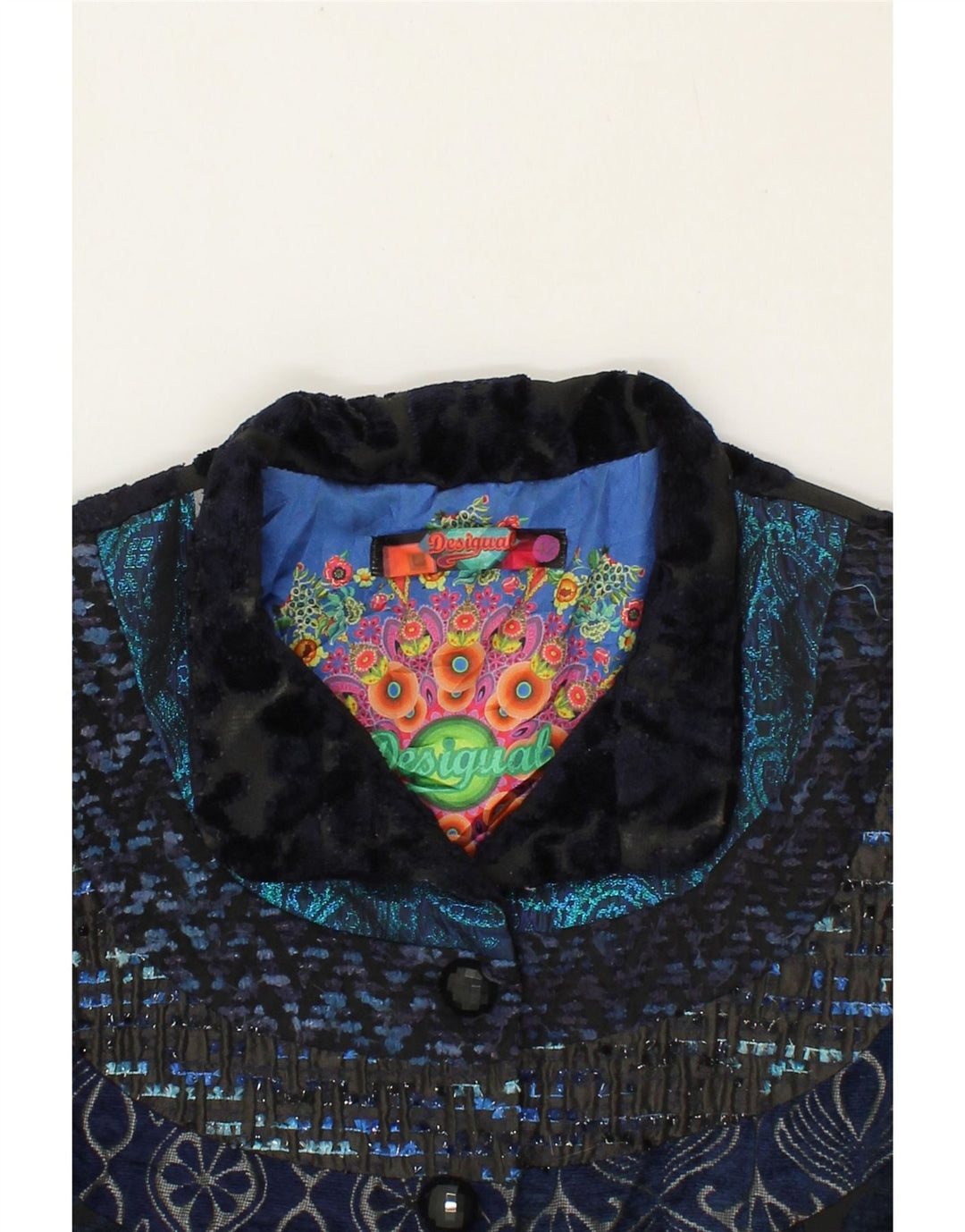 DESIGUAL Womens Graphic Overcoat EU 42 Large Navy Blue Paisley Polyester Vintage Desigual and Second-Hand Desigual from Messina Hembry 