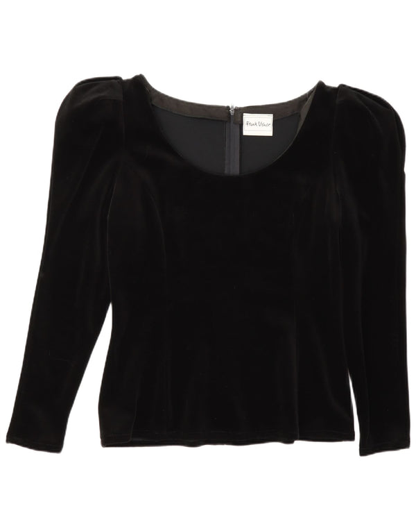 Frank Usher Dame Langærmet Velvet Bluse Top UK 10 Small Black Acetate