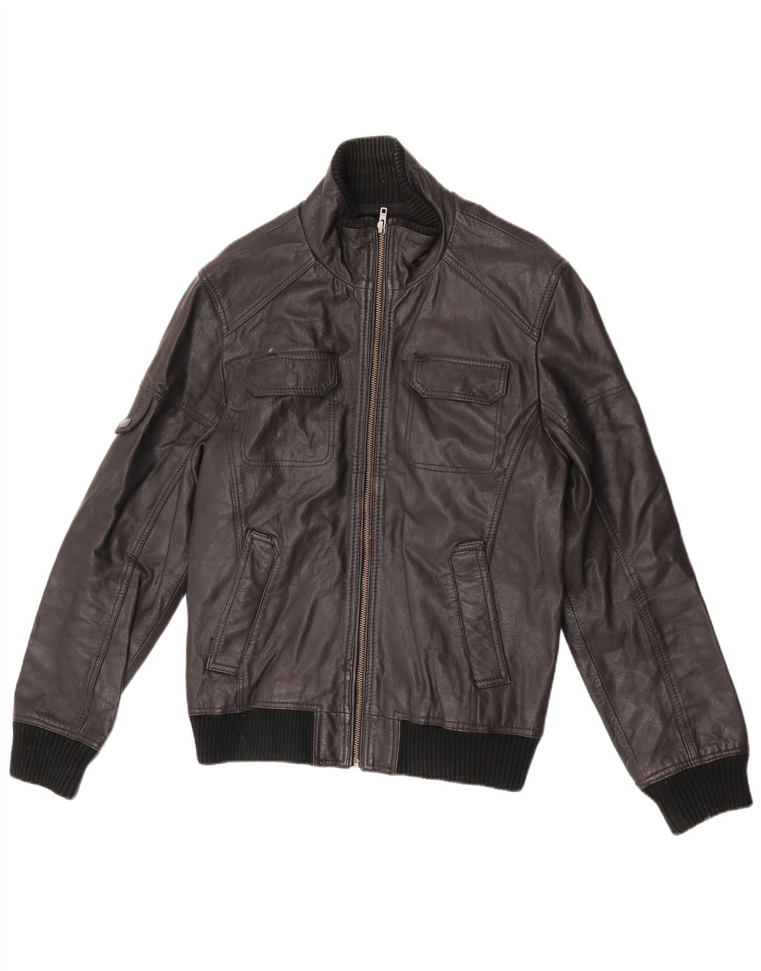 Jack & Jones Mens Bomber Leather Jacket UK 40 Large Black