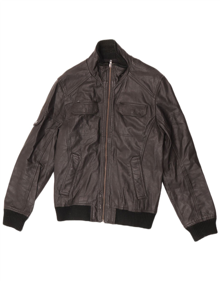 Jack & Jones Mens Bomber Leather Jacket UK 40 Large Black