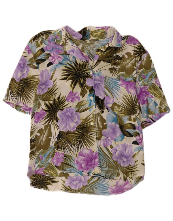 Blusa feminina vintage de manga curta UK 16 grande floral multicolorida