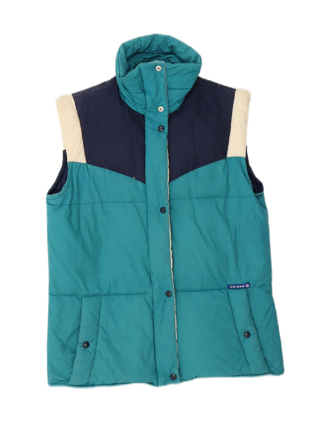 COLMAR Womens Padded Gilet IT 44 Medium Blue Colourblock Cotton Vintage Colmar and Second-Hand Colmar from Messina Hembry 