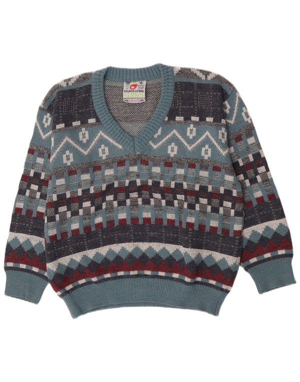 vintage Mens V-Col Jumper Pull Grande Laine Géométrique Bleue