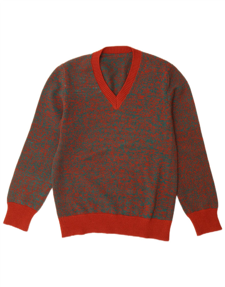 VINTAGE Mens V-Neck Jumper Sweater Medium Red Flecked