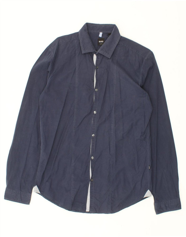 HUGO BOSS Mens Slim Fit Shirt Medium Navy Blue Cotton Vintage Hugo Boss and Second-Hand Hugo Boss from Messina Hembry 