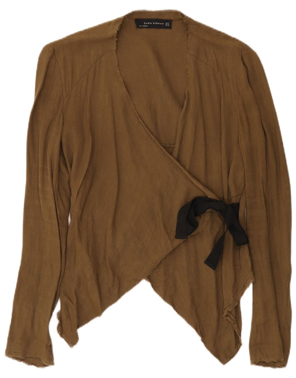 Zara Womens Crop Asymétrique Wrap Shirt Blouse UK 10 Petit Kaki Colorblock