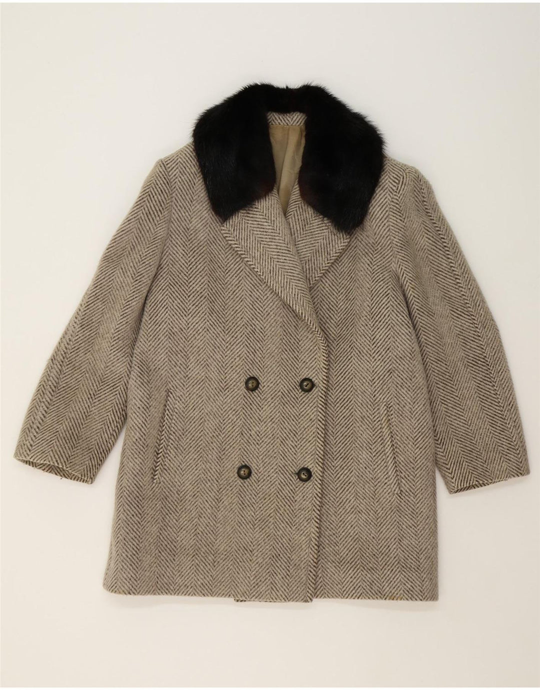 AREZIA Womens Double Breasted Coat UK 22 3XL Grey Herringbone Wool Vintage Arezia and Second-Hand Arezia from Messina Hembry 