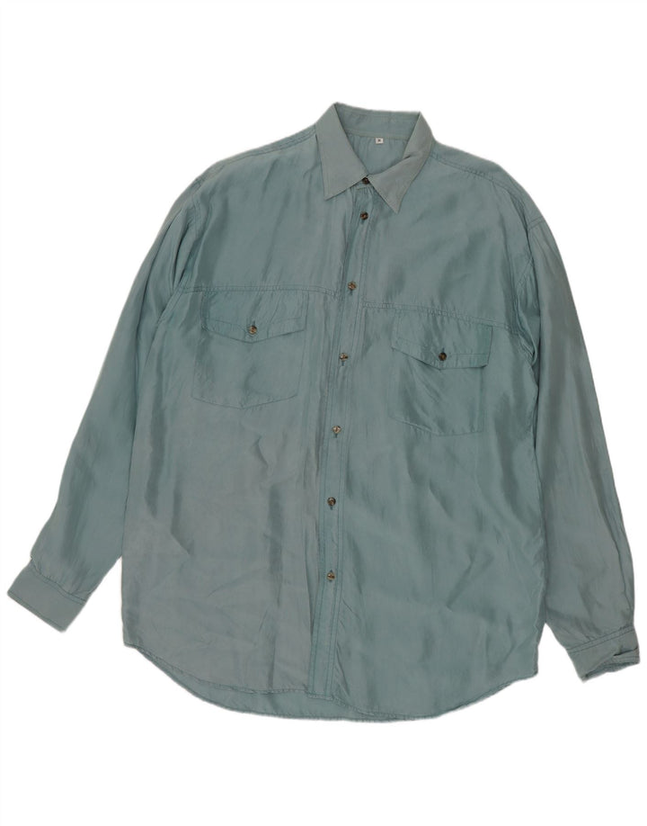 Camisa Vintage Para Hombre Seda Azul Mediana