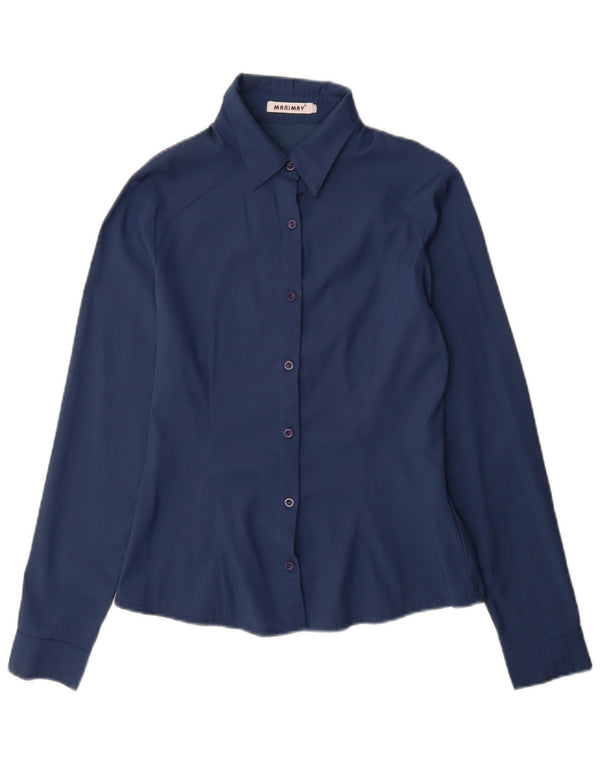 Camisa feminina vintage UK 12 algodão azul marinho médio