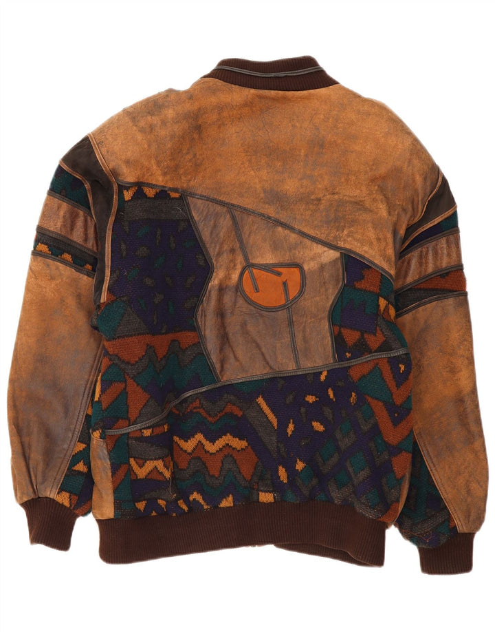 Vintage Mens Leather Jacket IT 50 Large Brown Geometric Leather
