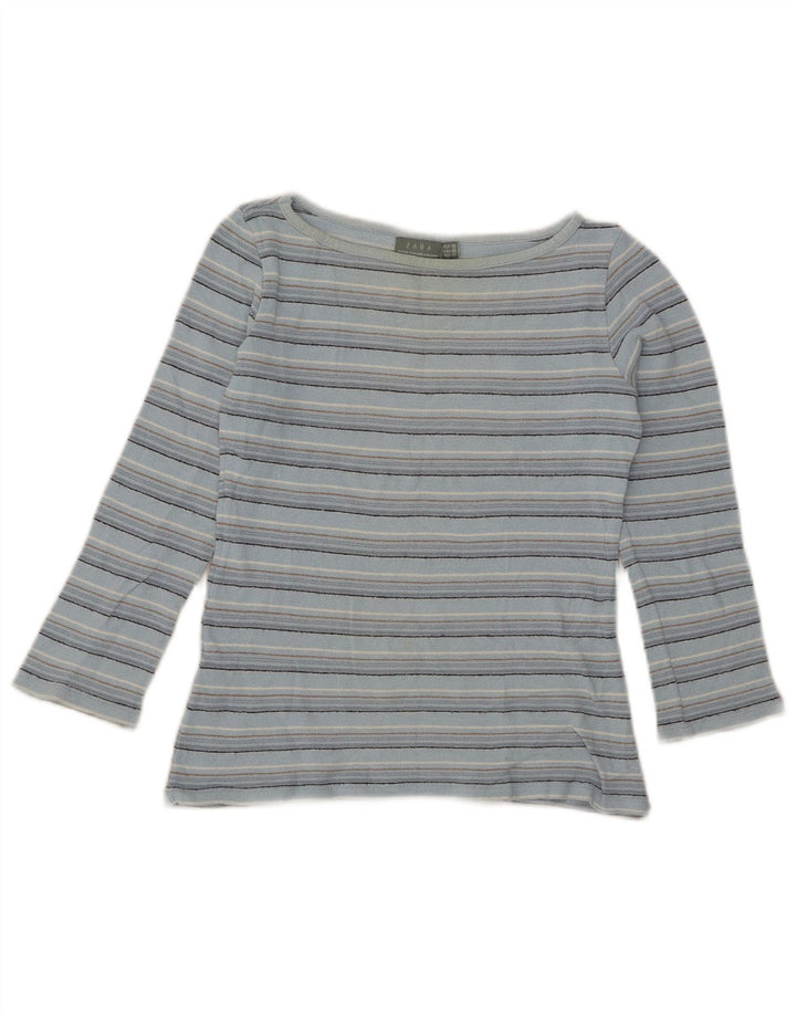 Zara Womens Crop Top 3/4 ærmer UK 12 Mellem blå stribet