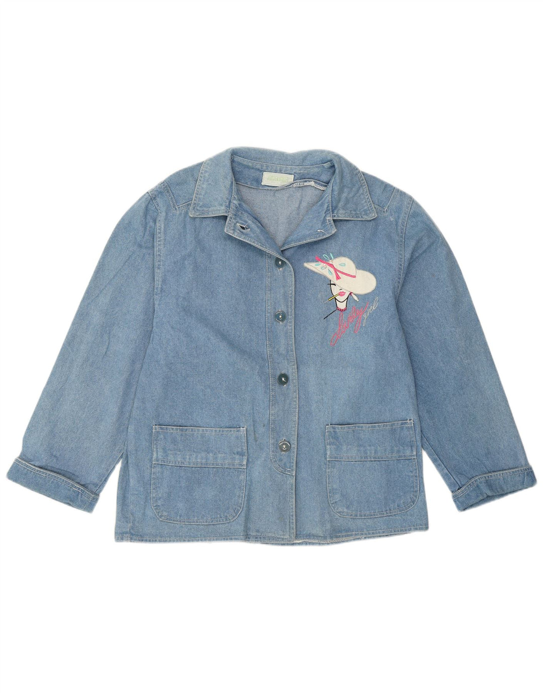 Vintage Womens Graphic Denim Jacket UK 12 Medium Blue