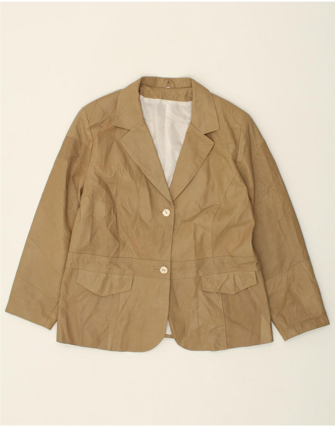 VINTAGE Womens Leather 2 Button Blazer Jacket IT 48 XL Beige Leather Vintage Vintage and Second-Hand Vintage from Messina Hembry 