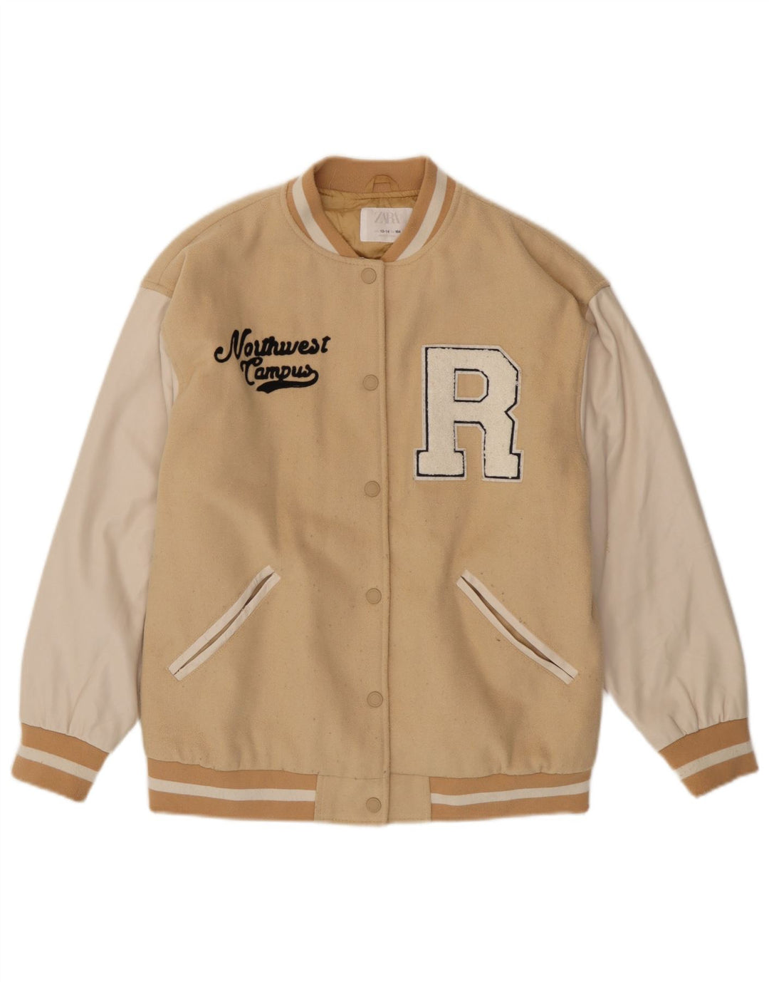 Zara Graphic Varsity Jacke für Mädchen, 13–14 Jahre, Beige, Colourblock-Polyester