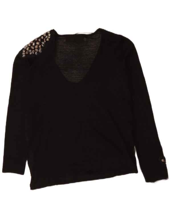Zara Womens V-Neck Jumper Sweater UK 16 Large Black Spotted