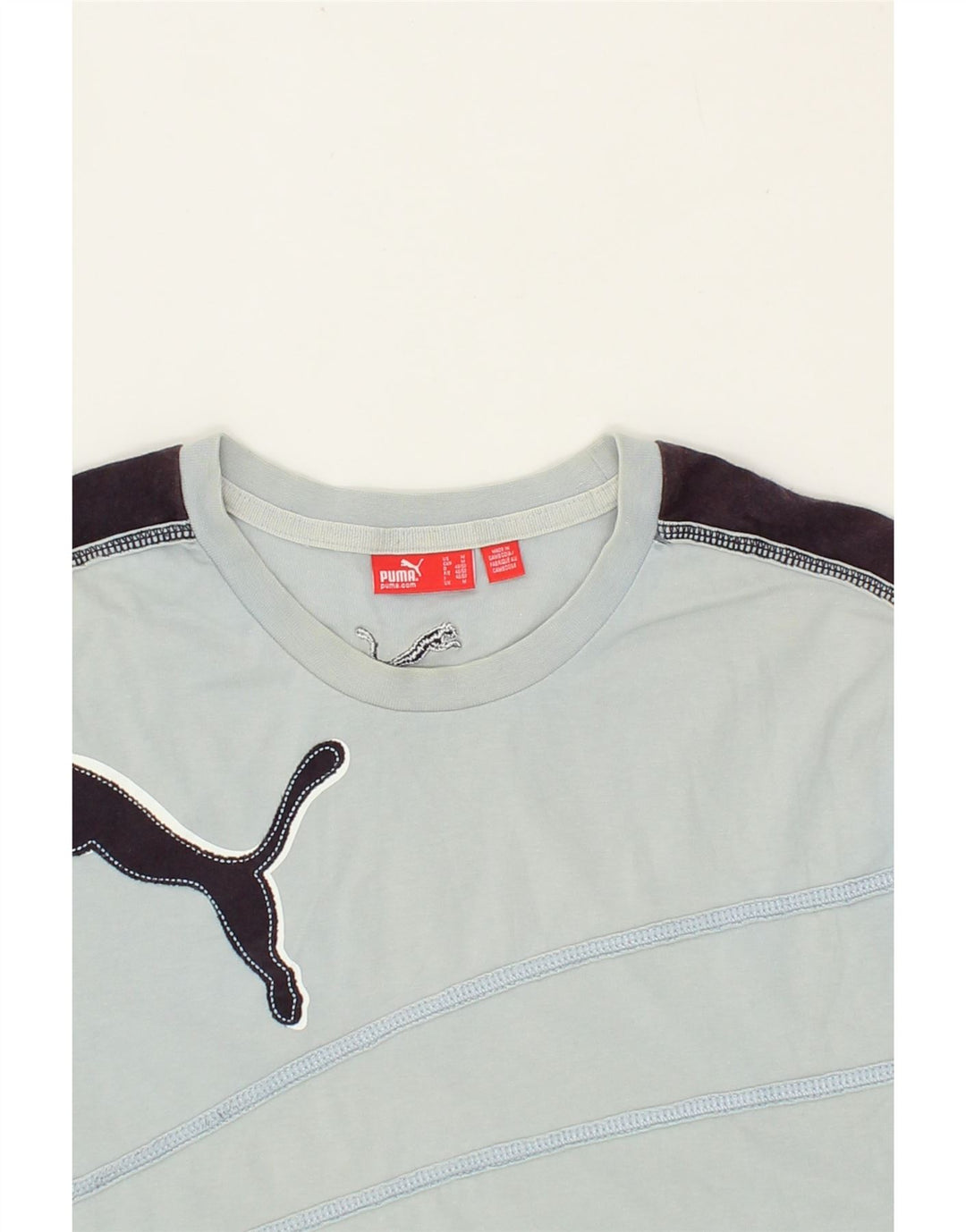 PUMA Mens Graphic T-Shirt Top Medium Blue Colourblock Cotton Vintage Puma and Second-Hand Puma from Messina Hembry 