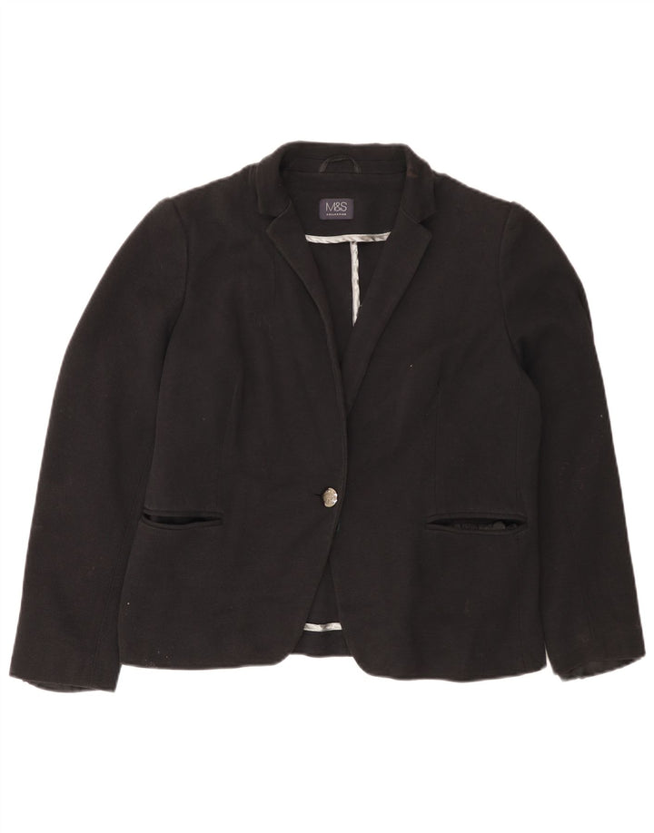MARKS & SPENCER Womens 1 Button Blazer Jacket UK 16 Large Black Cotton