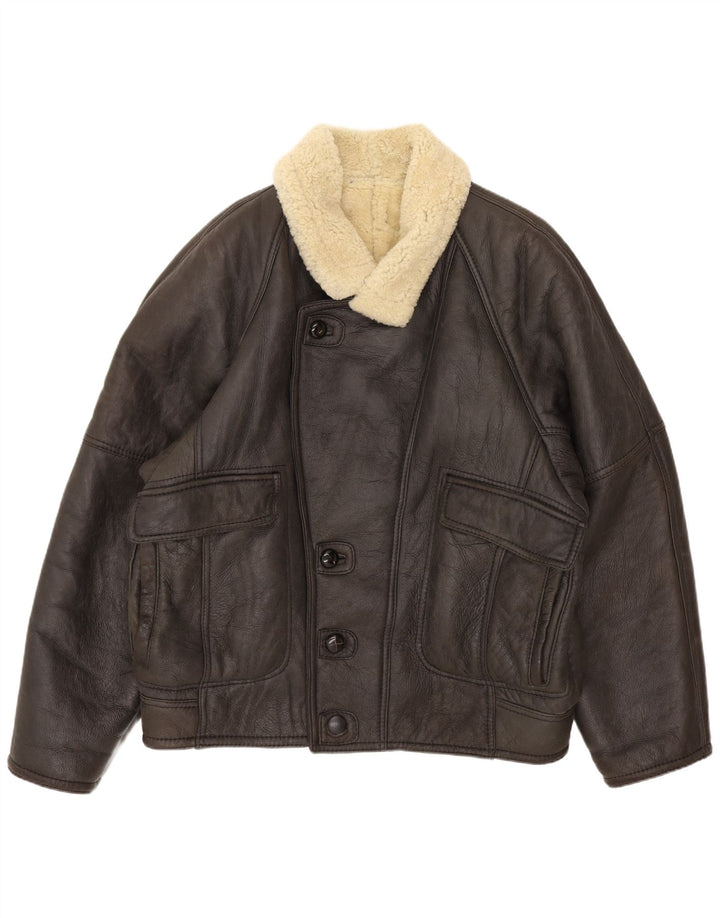 Vintage Herren Shearling Jacke IT 52 XL Braunes Leder