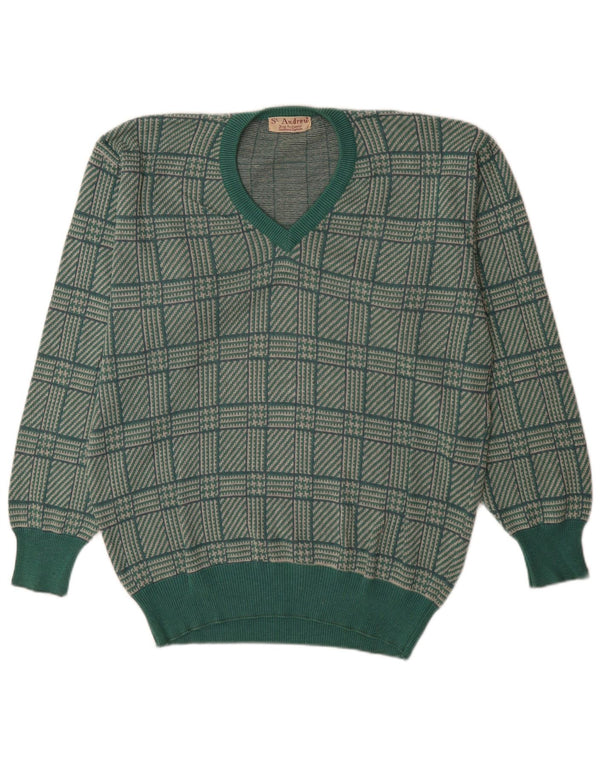 St. Andrews Mens V-Neck Jumper Sweater Large Green Houndstooth